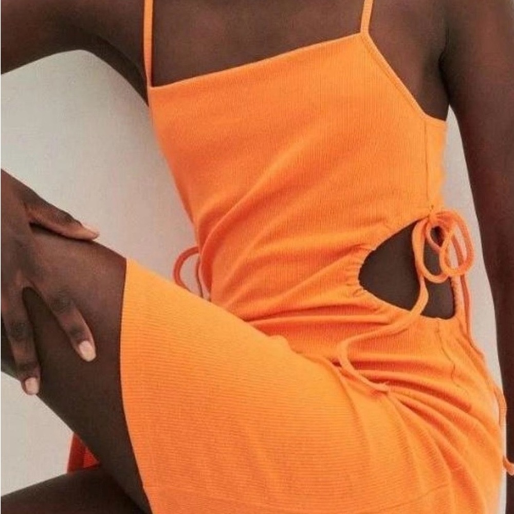Zara Vibrant Orange Ribbed Dress Cut Out Sides Small Spaghetti Strap Like NEW